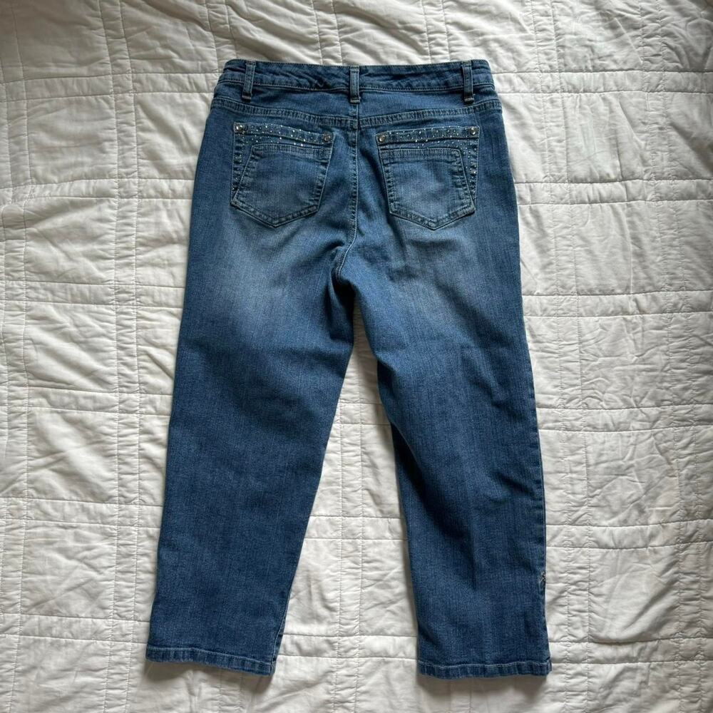style & co Y2k denim roll tab capris bedazzled rhinestone womens 8 boho stretch
